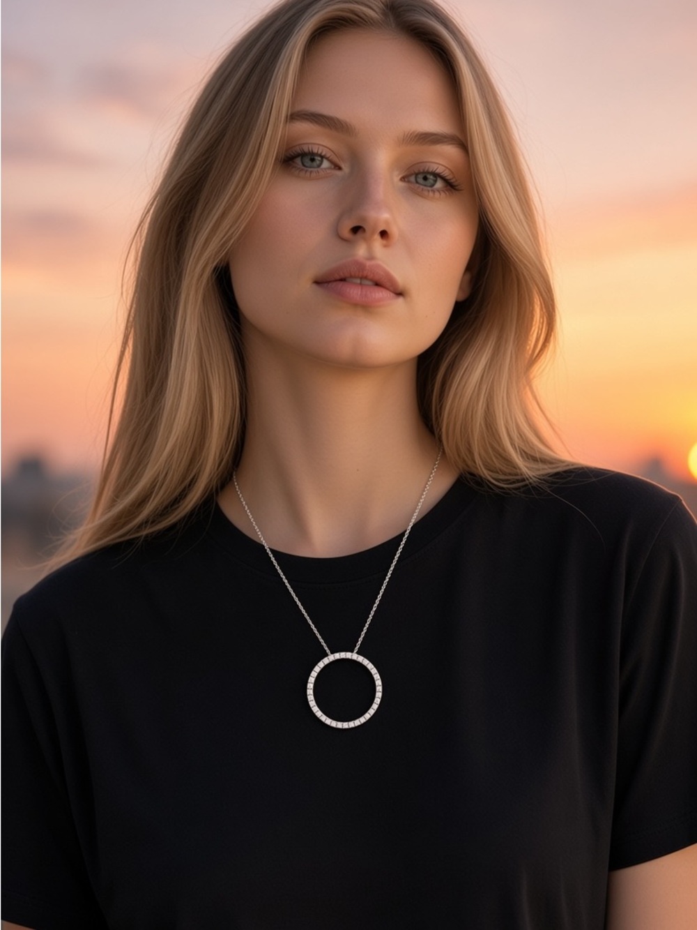 Sterling Silver White Sapphire Open Circle Pendant Necklace 925